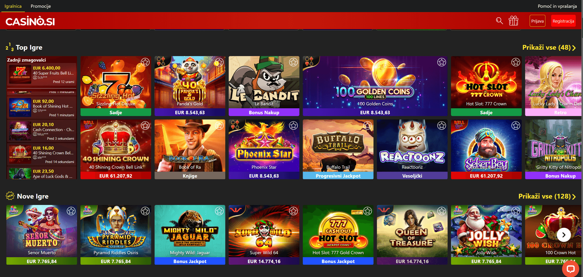 Casino.si domača stran s ponudbo iger