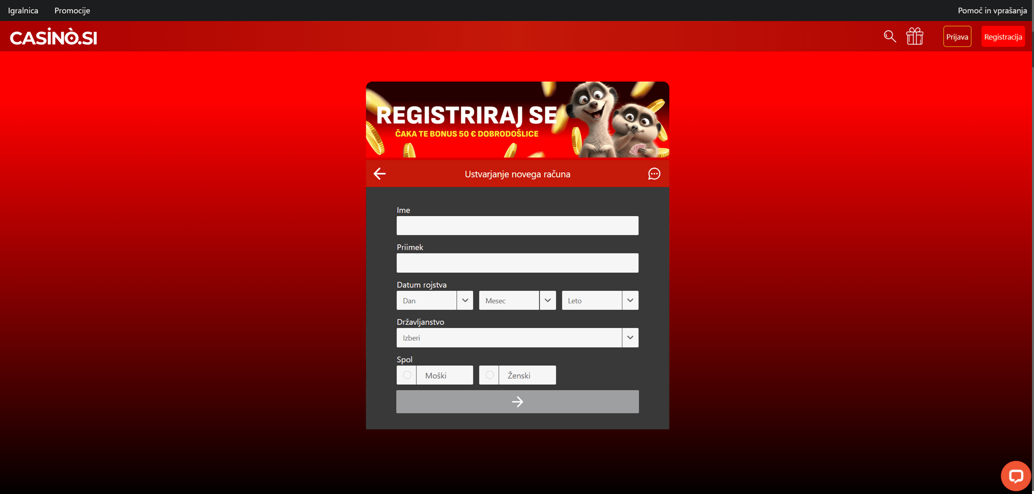 Registracijski obrazec Casino.si z zahtevanimi podatki